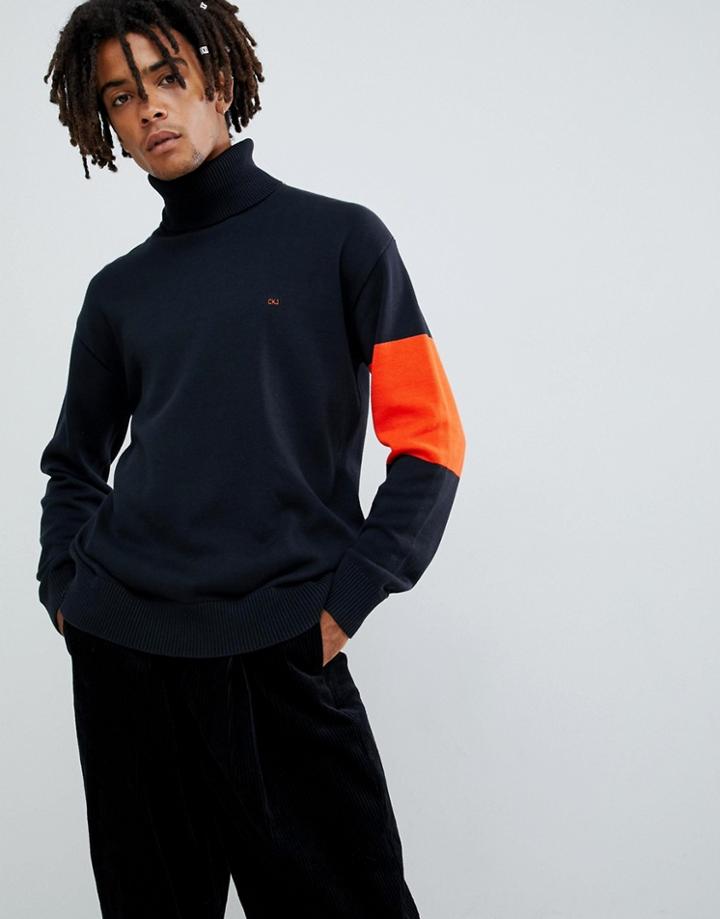 Calvin Klein Jeans Knitted Roll Neck Sweater With Contrast Sleeve Black