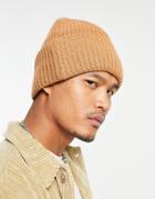 Asos Design Lambswool Rib Beanie With Deep Turn Up In Caramel-brown