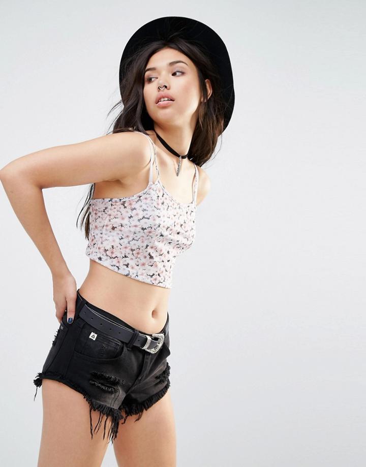 Motel Sheer Cropped Cami Top In Ditsy Floral - Pink