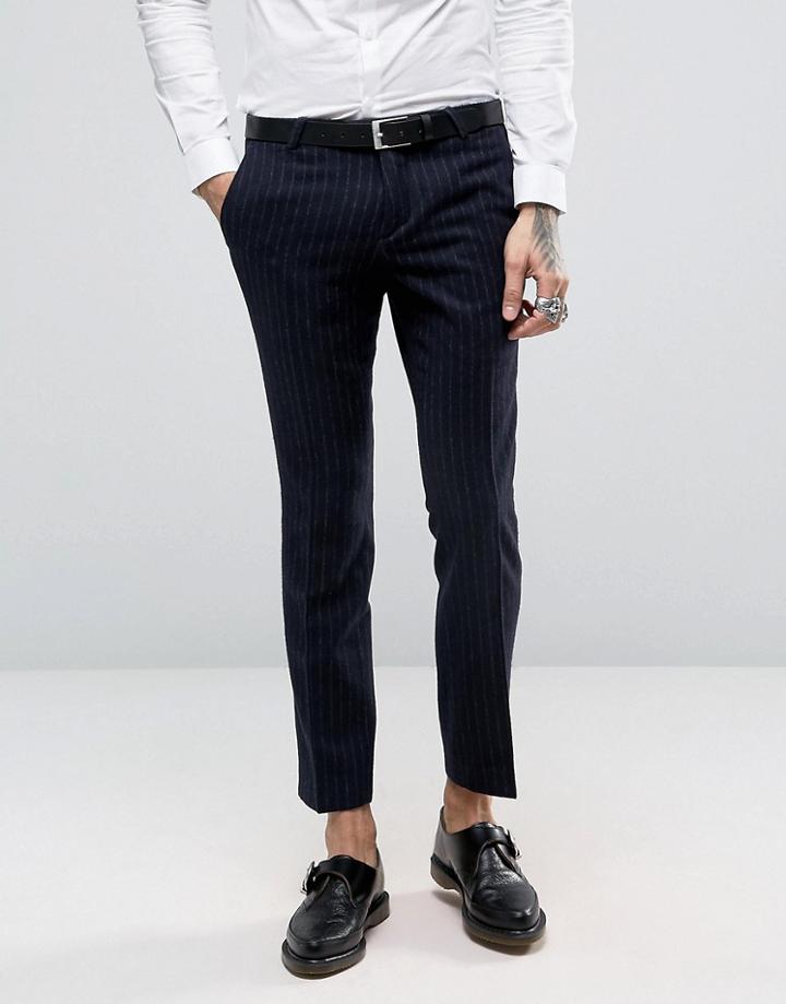 Noose & Monkey Skinny Suit Pants In Brushed Pinstripe - Navy