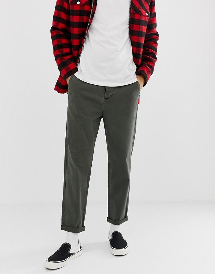 Asos Design Relaxed Chinos In Washed Dark Khaki - Green