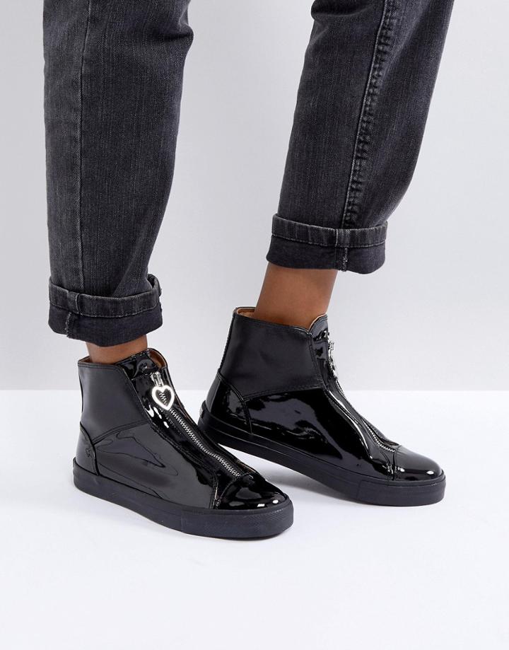 Love Moschino Patent Heart Peace Zip Boots - Black