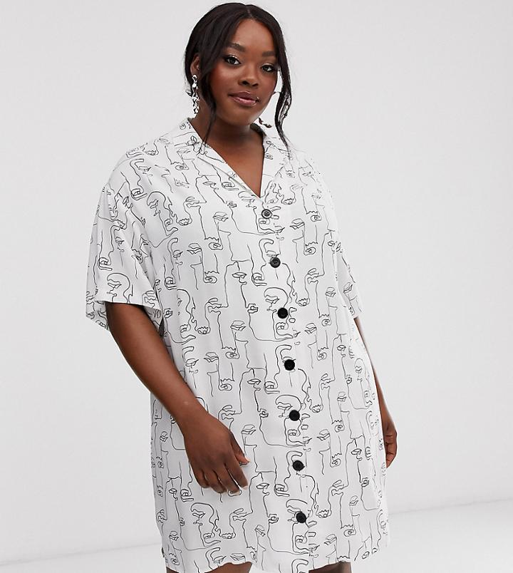 Asos Design Curve Chuck On Mini Shirt Dress In Abstract Face Print - Multi