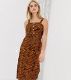 Missguided Tall Midi Dress With Square Neck In Tiger Print - Multi