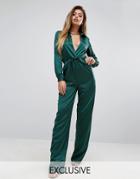 Prettylittlething Plunge Neck Satin Jumpsuit - Green