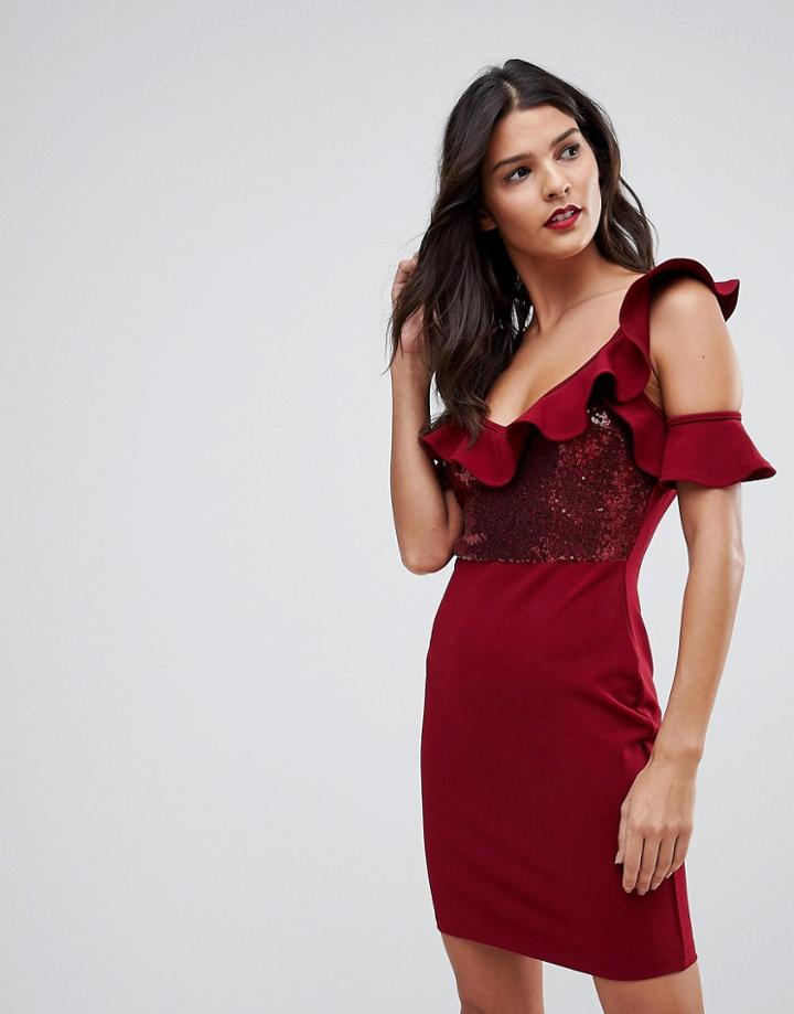 Naanaa Frill Detail Mini Dress In Sequins - Red