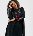 Asos Design Tall Long Sleeve Embroidered Smock Mini Dress-black
