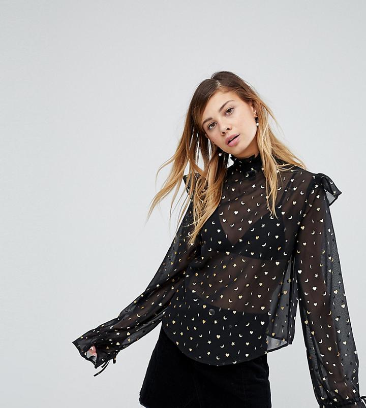 Monki Star And Moon Balloon Sleeve Blouse - Black