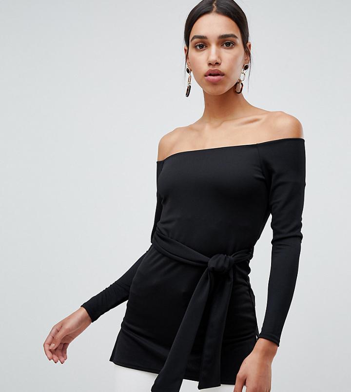 River Island Belted Off The Shoulder Top In Black - Black