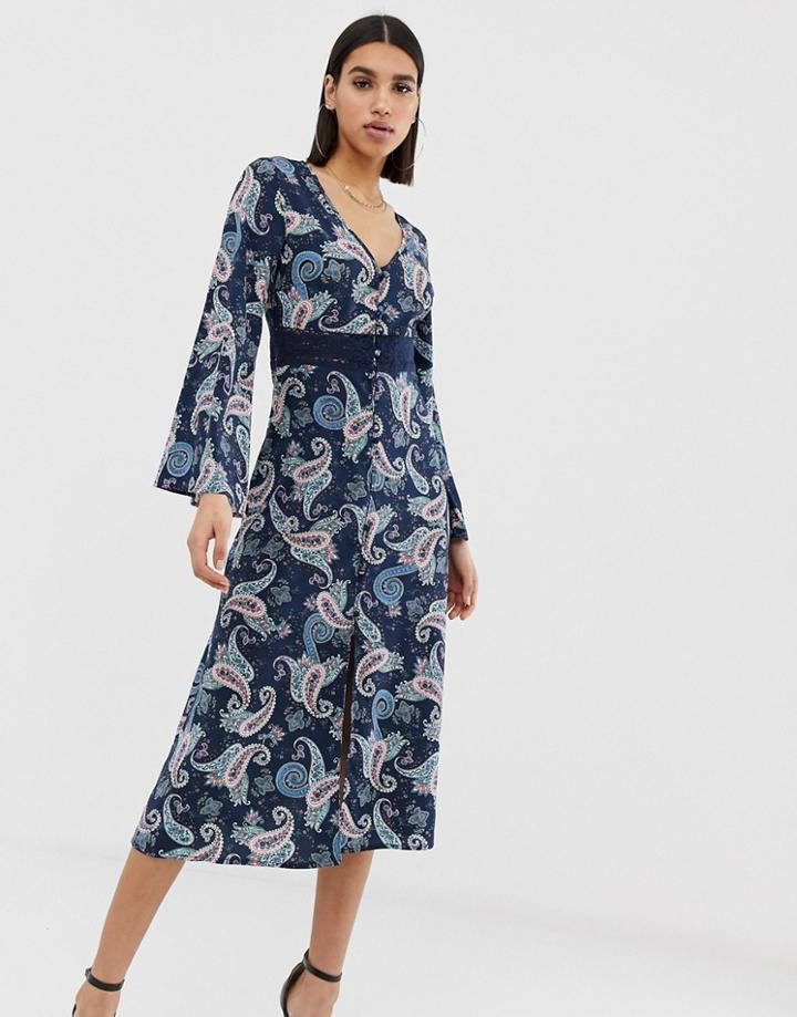 Prettylittlething Midi Dress With Broderie Insert In Blue Paisley - Multi
