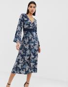 Prettylittlething Midi Dress With Broderie Insert In Blue Paisley - Multi