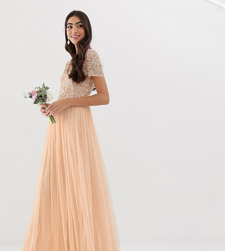 Maya Tall Bridesmaid V Neck Maxi Dress With Delicate Sequin In Soft Peach-pink