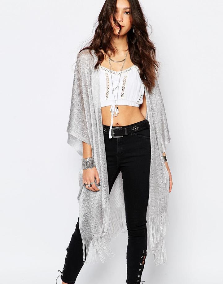 Stitch & Pieces Metallic Knitted Sheer Kimono - Silver