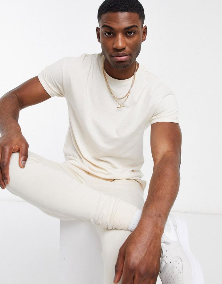 New Look Roll Sleeve T-shirt In Cream-white