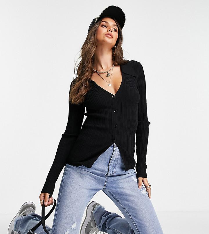 Asos Design Tall Coordinating Sweater With Button Placket And Collar Detail In Black