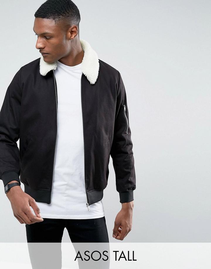 Asos Tall Cotton Bomber Jacket With Fleece Collar In Black - Black