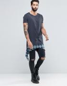 Asos Extreme Longline T-shirt With Shredded Check Hem Extender In Washed Black - Gray