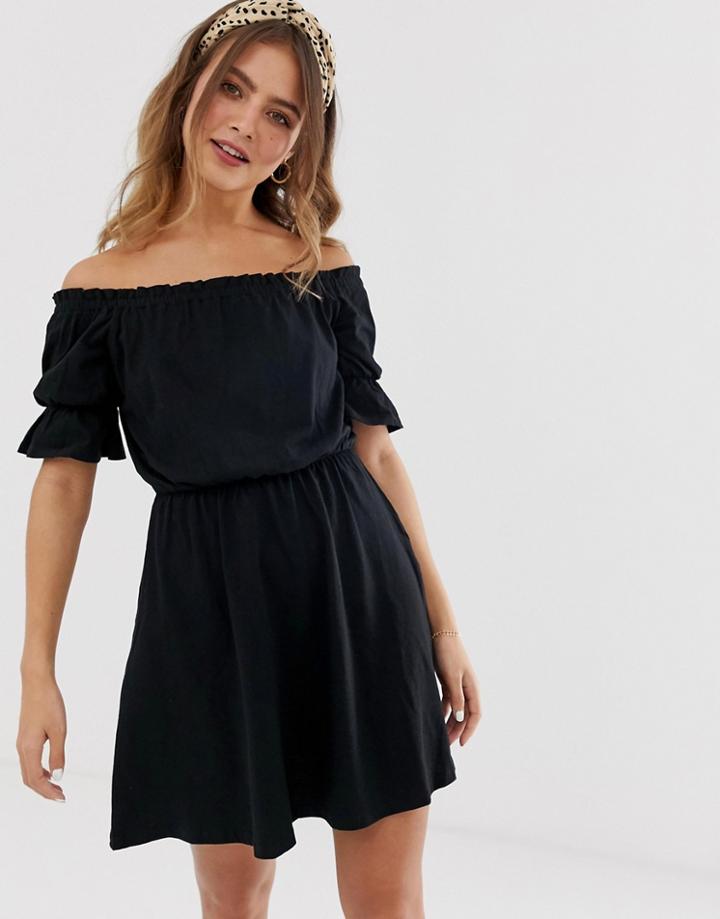 Asos Design Off Shoulder Mini Sundress With Puff Sleeve-black