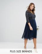 Lovedrobe Luxe 3/4 Sleeve V Neck Midi Dress With Delicate Sequin And Tulle Skirt - Navy