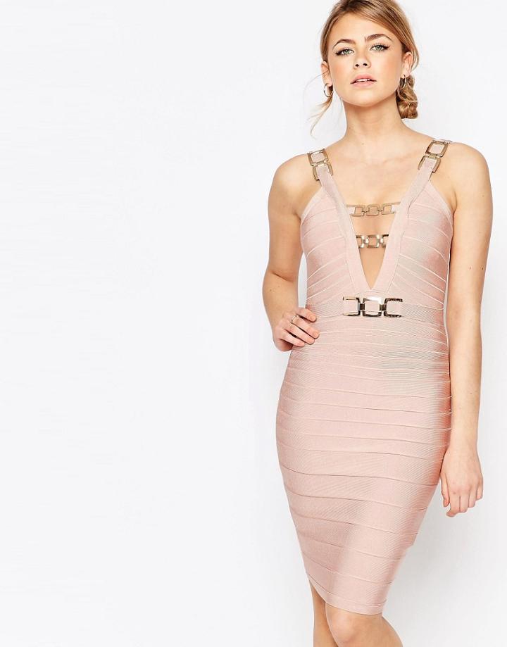 Forever Unique Bandage Midi Dress With Chain Detail - Nude
