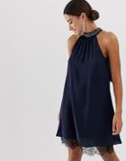 Lipsy Halterneck Dress With Embellished Detail And Lace Trim - Navy