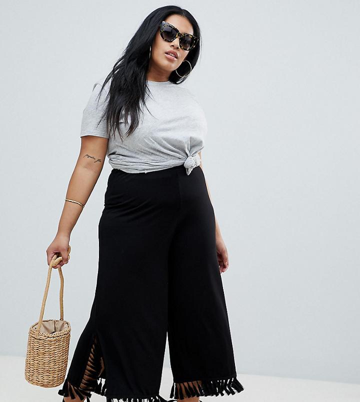 Asos Design Curve Cropped Wide Leg Pants With Large Tassel Hem - Black