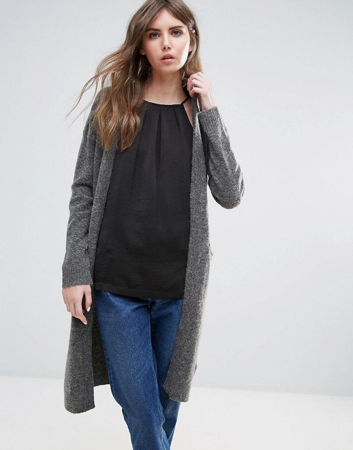 Ichi Longline Melange Cardigan With Front Pockets - Gray