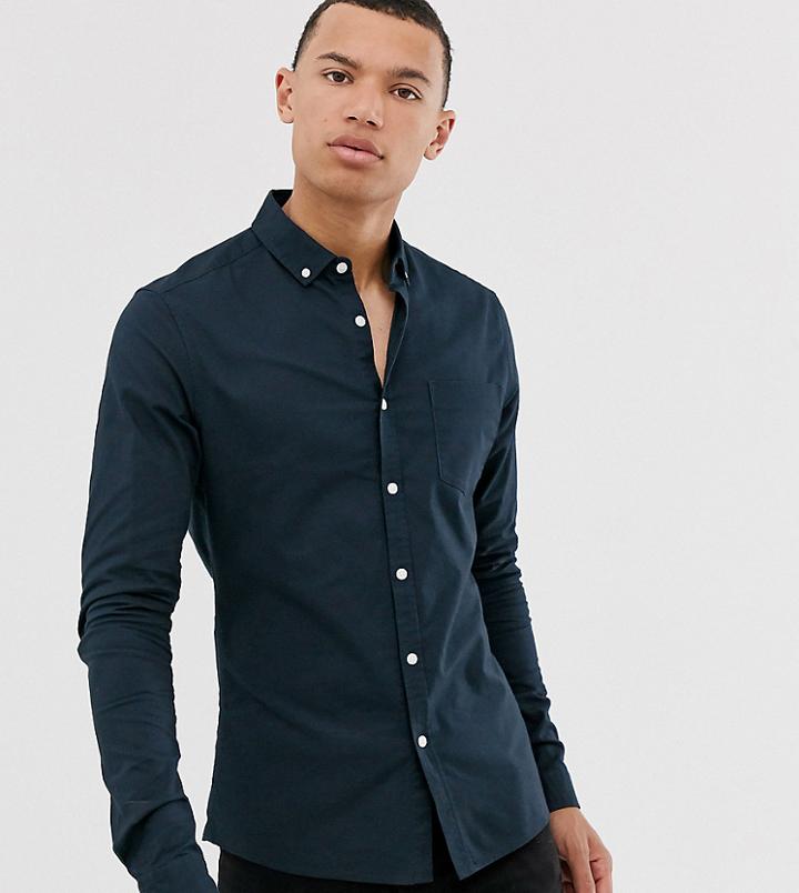 Asos Design Tall Casual Skinny Oxford Shirt In Navy