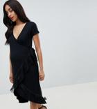 Asos Design Maternity Wrap Dress With Fringe & Ruffle - Black