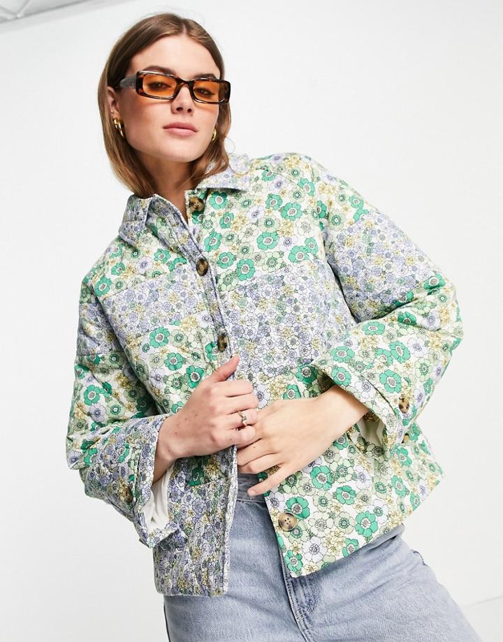 Envii Cotton Lightweight Quilted Jacket In Patchwork Floral - Lgreen