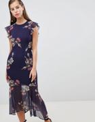 Hope & Ivy Floral Lattice Back Pencil Dress With Ruffle - Navy