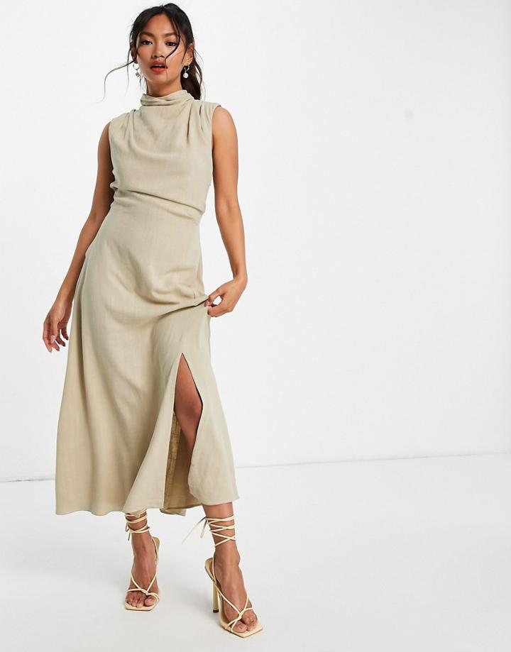 Asos Design Sleeveless Cowl Neck Midi Dress With Open Back In Linen In Neutral