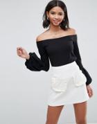 Asos Off Shoulder Top With Pretty Bell Sleeve - Black