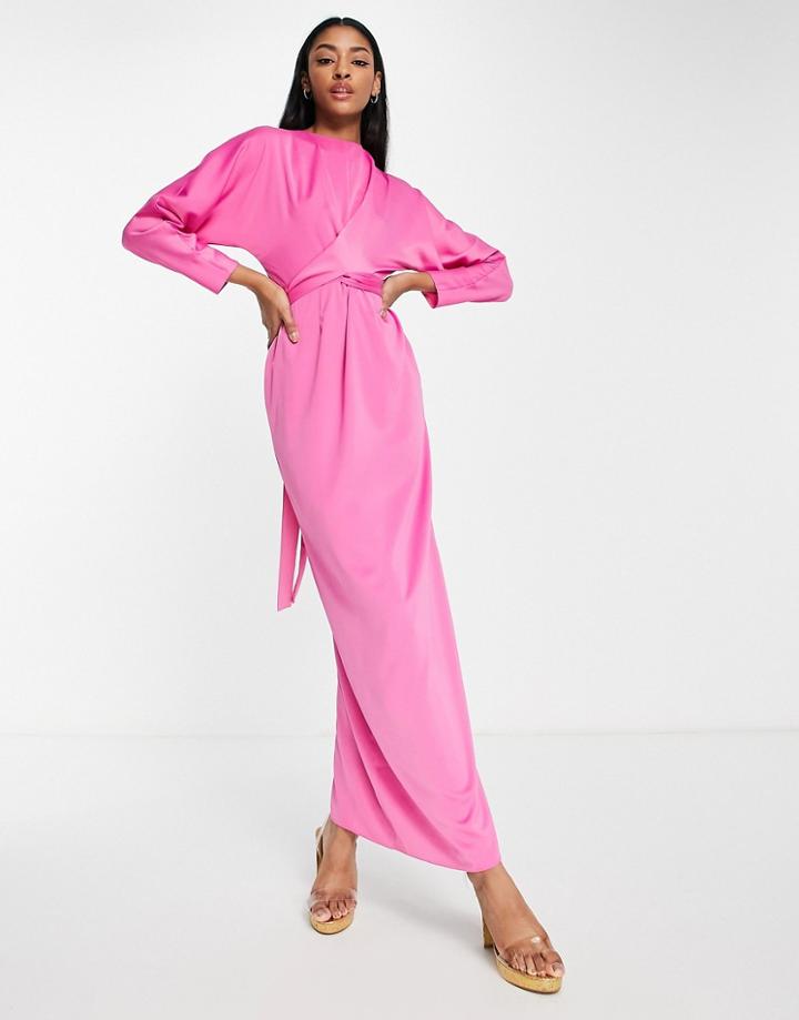 Asos Design Maxi Dress With Batwing Sleeve And Wrap Waist In Satin In Bright Pink