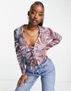 Asos Design Hourglass Lace Up Shirt In Purple Marble Print