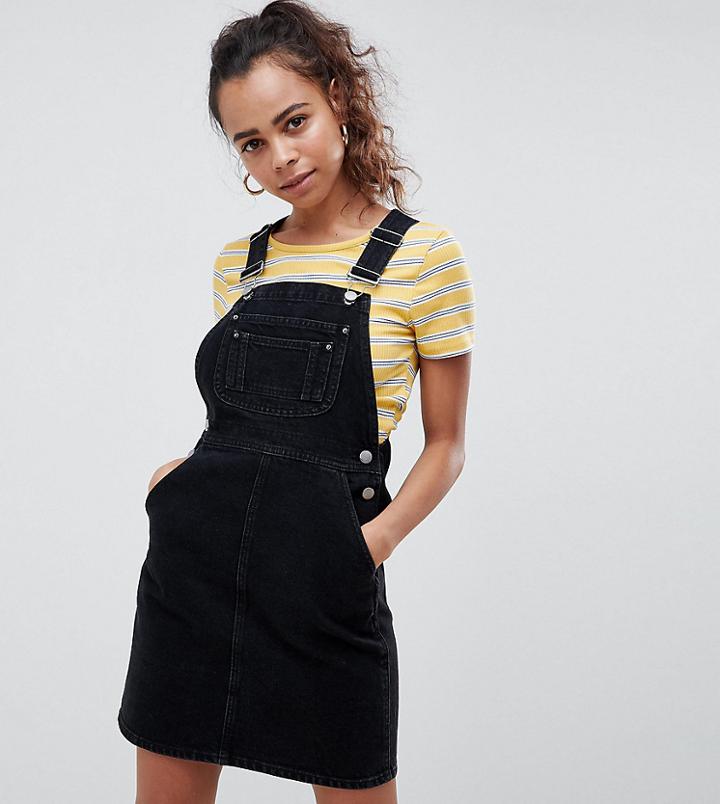 Asos Design Petite Denim Overall Dress In Washed Black - Black