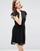 Asos Skater Dress With Lace Flutter Sleeve - Black