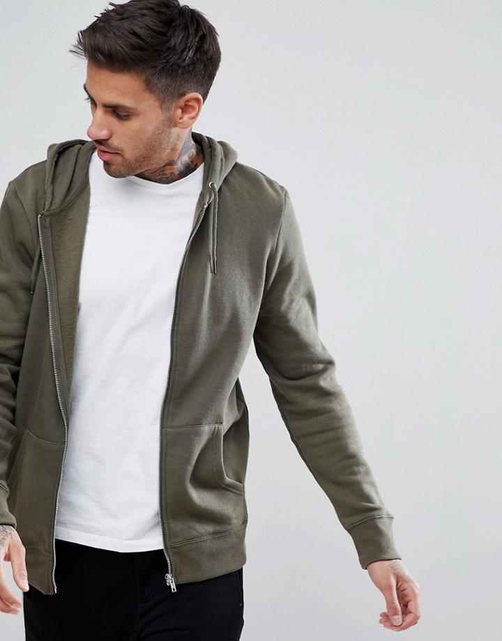 New Look Zip Through Hoodie In Dark Khaki - Green