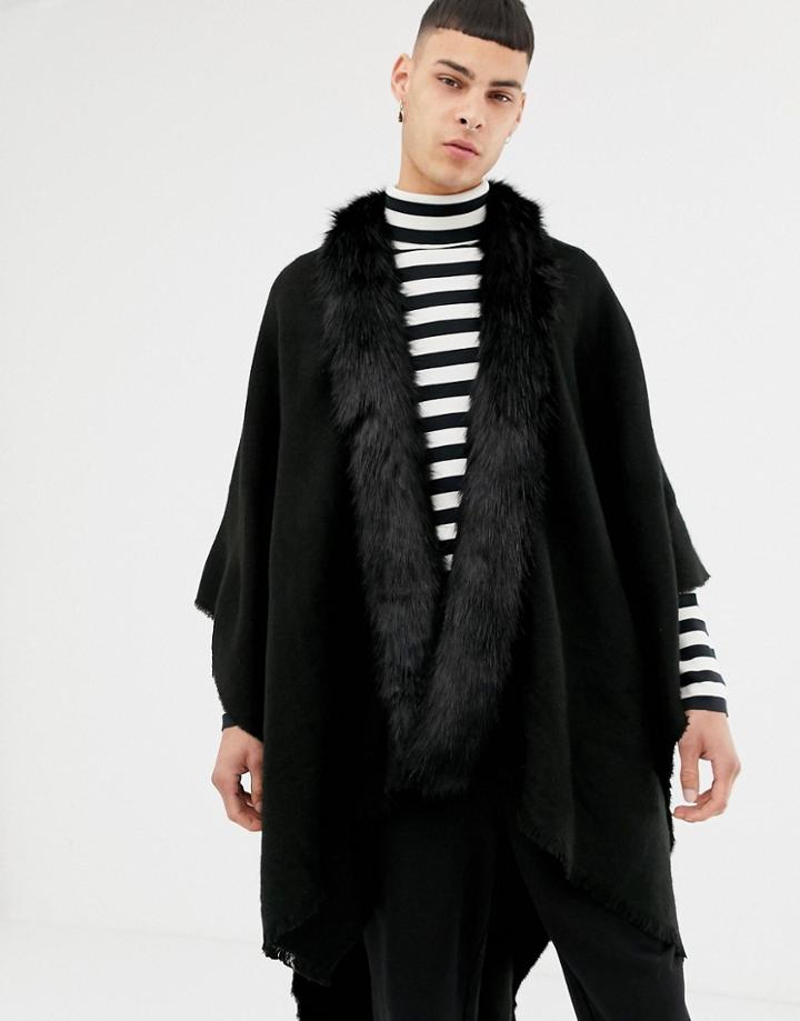 Asos Design Cape In Black With Faux Fur Trim - Black