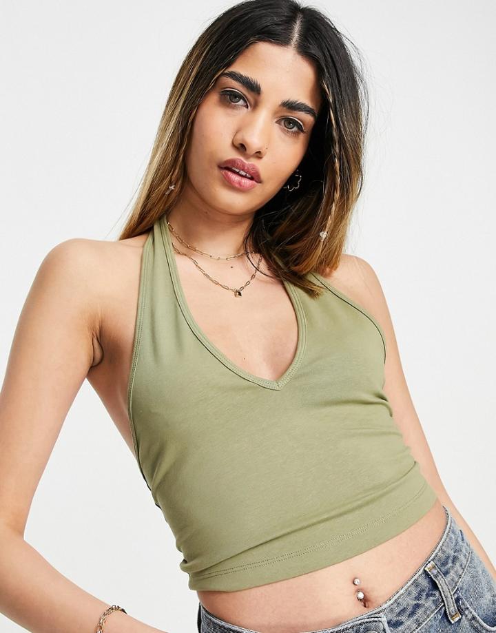 Asos Design Halter Neck Crop Top In Khaki-green