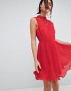 Asos Sleeveless Lace Insert Pleated Mini Dress - Red