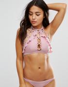Peek & Beau High Neck Ruffle & Lace Up Bikini Top - Beige
