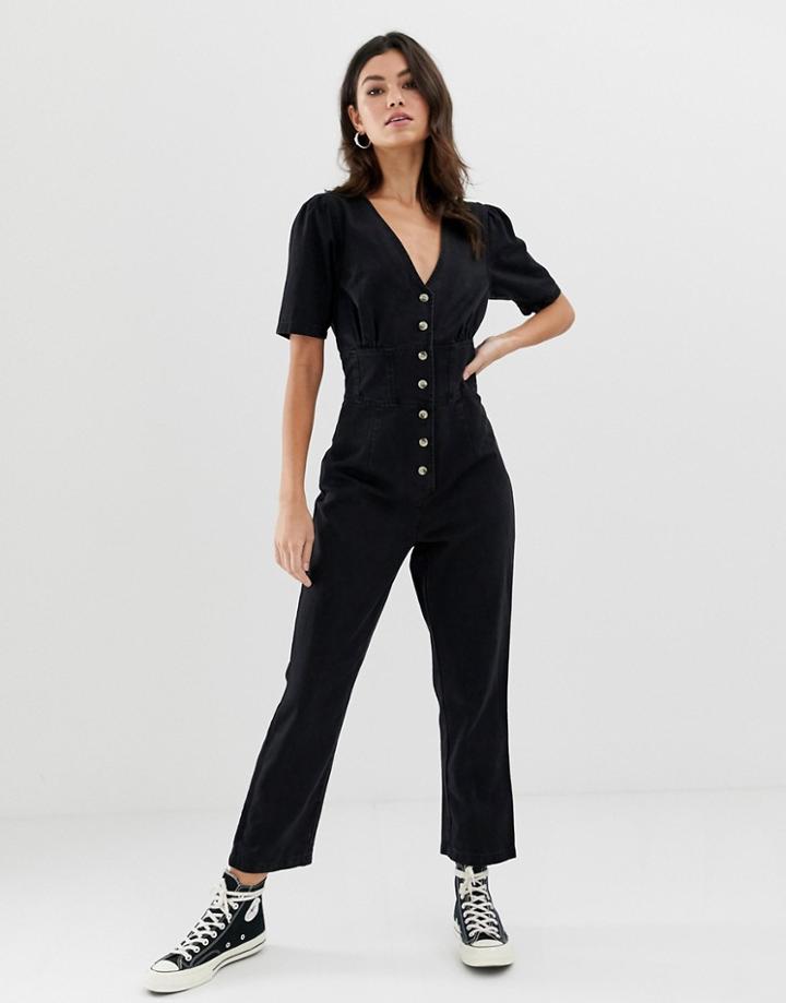 Asos Design Denim Jumpsuit With Puff Sleeve In Washed Black