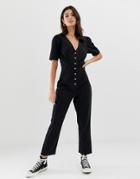 Asos Design Denim Jumpsuit With Puff Sleeve In Washed Black