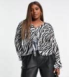 Asos Design Curve 90's Ruffle Edge Blouse With Tie Front In Mono Animal-multi