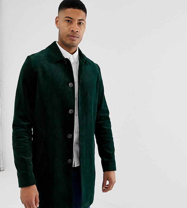 Asos Design Tall Single Breasted Trench Coat In Cord In Bottle Green - Green