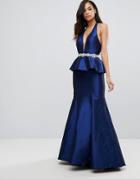 Jovani Deep Plunge Peplum Maxi Dress With Embellished Detail - Navy