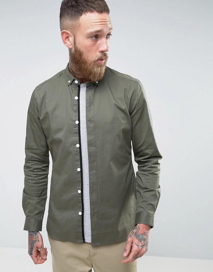 Asos Slim Twill Shirt In Light Green - Green