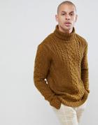 Asos Design Heavyweight Cable Knit Roll Neck Sweater In Khaki - Green