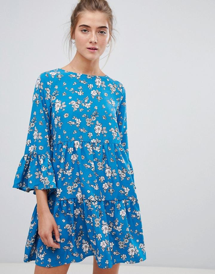 Qed London Floral Smock Dress - Blue